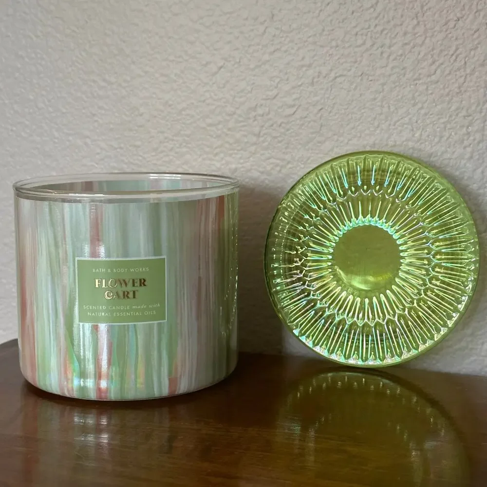 new! Bath & Body Works Flower Cart Glass Lid 3-Wick Candle Spring Green